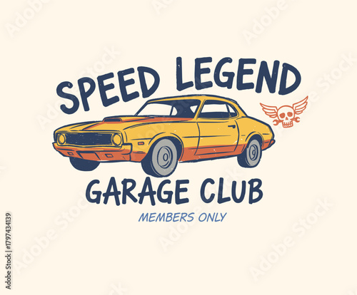 Speed Legend Garage Club.Retro Muscle Car Emblem.Vintage Hot Rod Design.Classic Car T-shirt Print.Mechanic Skull Badge