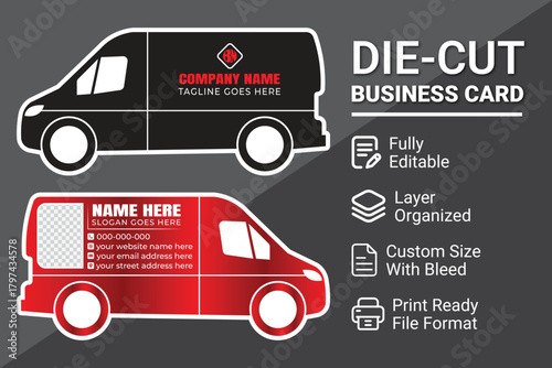 Van Shaped Die-Cut Business Card Template | Unique Vehicle Shape | Editable & Print-Ready Design