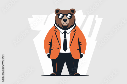 Stylish Bear in Orange Suit and Sunglasses Embodying Confidence and Coolness