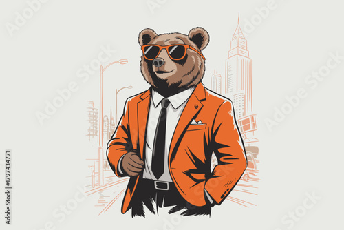 Stylish Bear in Orange Suit and Sunglasses Embodies Urban Coolness Against City Skyline