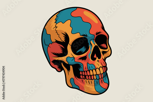 Vibrant Colorful Skull Design with Abstract Patterns on Soft Beige Background