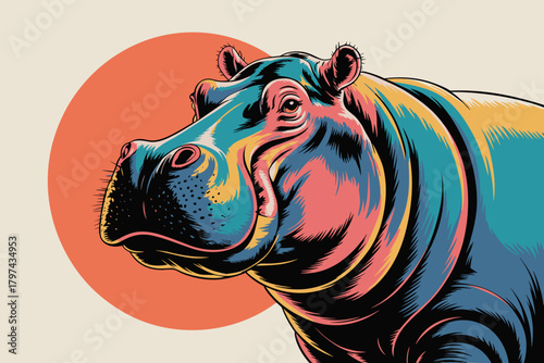 Vibrant Pop Art Hippo with Bold Colors Against a Soft Circular Background