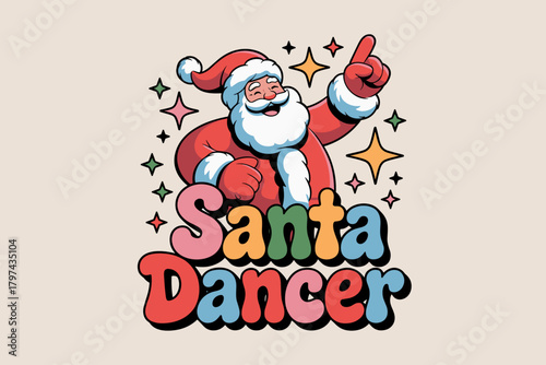 Cheerful Santa Dancer Spreading Holiday Joy with Colorful Stars in Playful Style