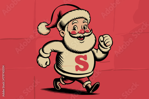 Cheerful Santa Claus Running in Vintage Style with Bold Red Background for Holiday Cheer