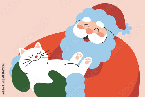 Jolly Santa Claus Joyfully Holding a Content White Cat Against a Soft Pastel Background