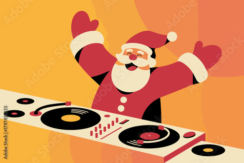 Festive DJ Santa Spreading Holiday Cheer with Vibrant Orange Background
