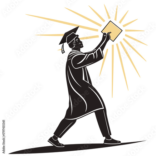 A graduate in cap and gown strides forward, holding their diploma aloft as rays of light emanate from it, a symbol of achievement