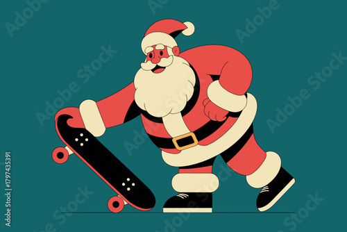 Playful Santa Claus in Classic Red Suit Skating Joyfully with a Skateboard Against a Vibrant Green Background