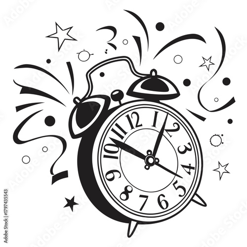 Alarm clock rings in the new year with confetti and stars, , capturing the excitement and anticipation of the countdown
