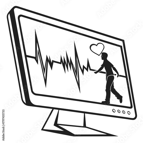 A monitor displays an ekg with a person walking towards a heart, symbolizing cardiac health, monitoring, and recovery