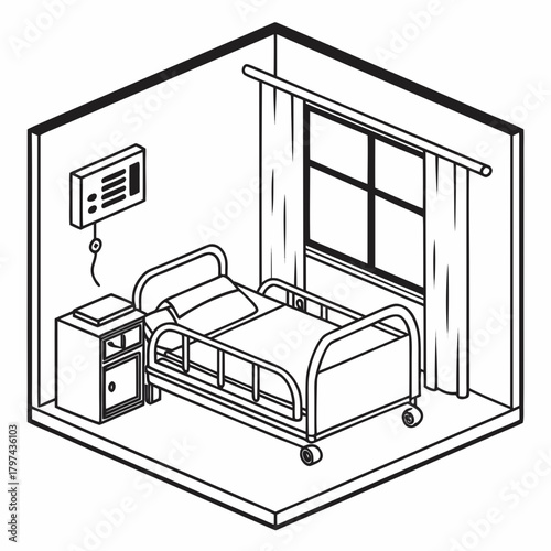 A line drawing of a hospital room with a bed, bedside table, and window, the scene is simple and clean
