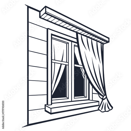 Illustration of a window with a curtain featuring a classic window design with a draped curtain in a clean and simple line art style