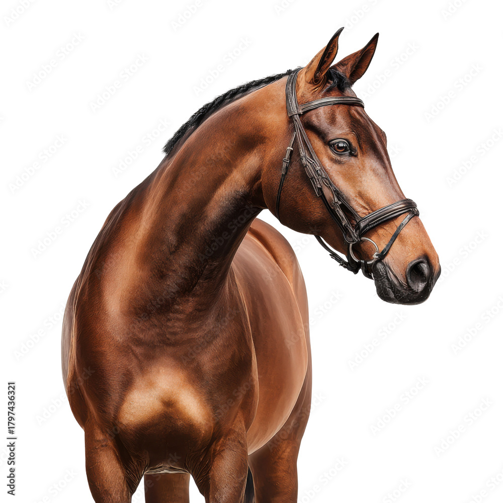 Obraz premium Elegant Horse in the Sunlight: A regal horse, showcasing its rich brown coat and graceful posture, turns its head, capturing the attention and beauty of equine elegance.
