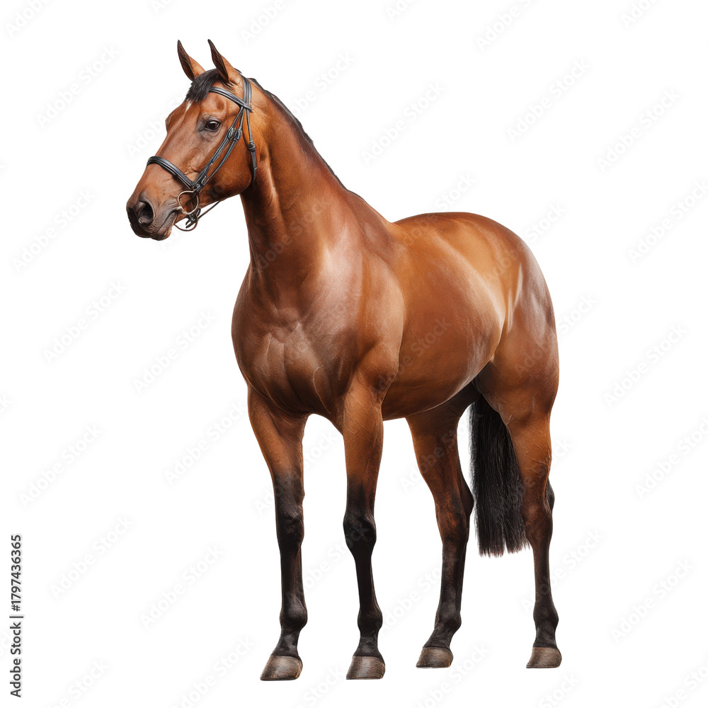 Obraz premium Majestic Stallion: A powerful brown stallion stands proudly, its sleek coat gleaming in the light, a symbol of strength and grace.