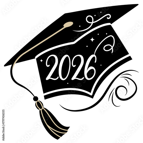 Schilderij op canvas Stylish 2026 graduation cap design, featuring elegant swirls and stars, represen