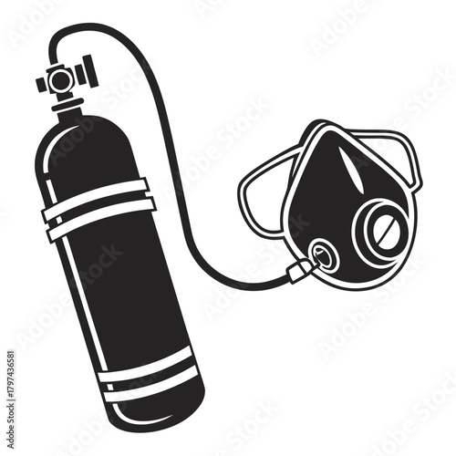 An oxygen tank and mask for breathing, essential equipment for diving, medical, or industrial use, providing life support in hazardous environments