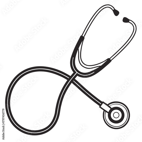 A black and white line drawing of a stethoscope, a medical instrument used for listening to internal sounds, it is a symbol of healthcare