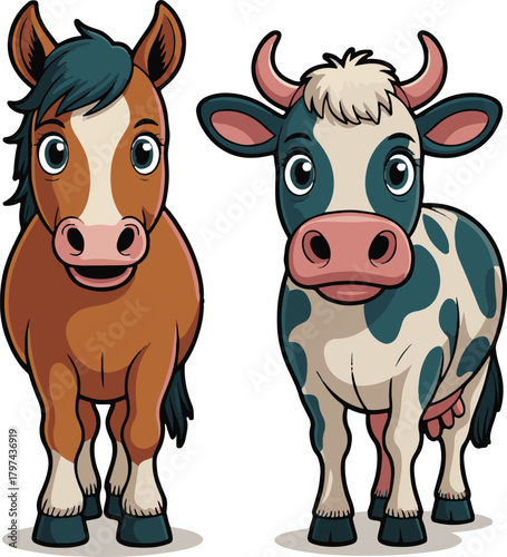 Cartoon horse and cow standing side by side farm animals illustration