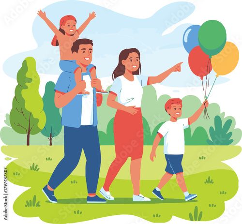 Family walking in park with balloons and child on shoulders vector