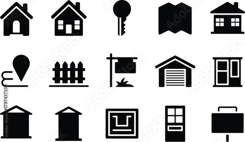 Real estate and property icons set in simple black design