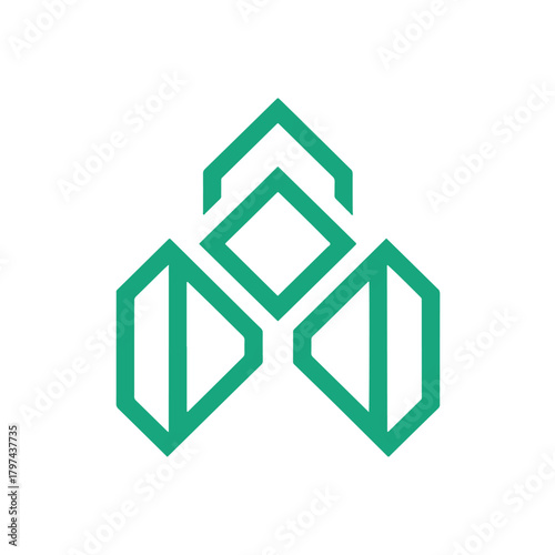 Teal geometric abstract shape with three dimensional illusion on white background green