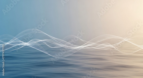 Fototapeta Naklejka Na Ścianę i Meble -  Abstract digital wave pattern over a textured water surface with a gradient blue and yellow background
