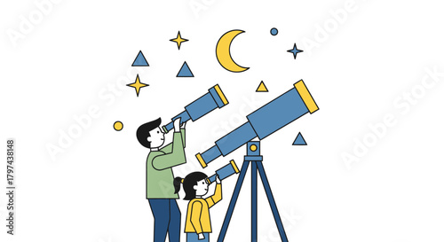 Family Observing Stars with Telescopes Under Crescent Moon.