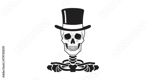 A black and white illustration of a human skeleton wearing a classic top hat.