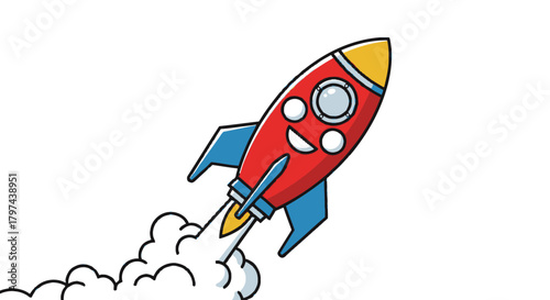 Cartoon Rocket Ship Launching with Smiling Face and Smoke Trail.