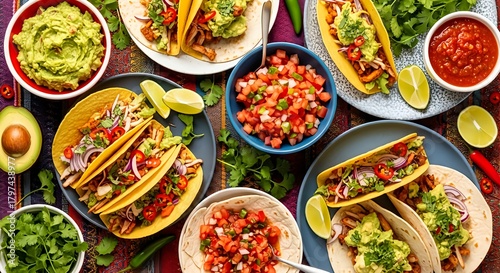 A vibrant overhead display of authentic Mexican tacos with various toppings, alongside fresh guacamole, pico de gallo, and salsa, perfect for food blogs, menus, and celebrating Mexican cuisine.