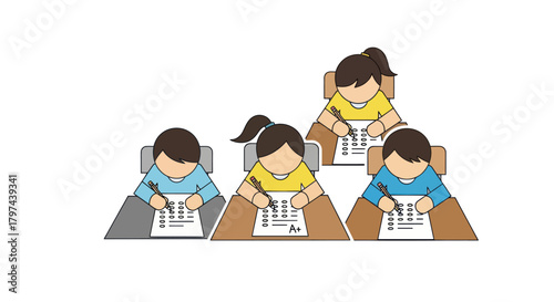 Diverse group of children diligently taking a test at school desks.