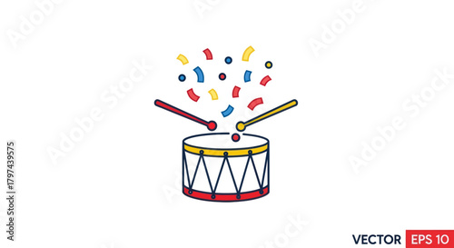 Colorful Cartoon Drum with Drumsticks and Flying Confetti for Celebration.