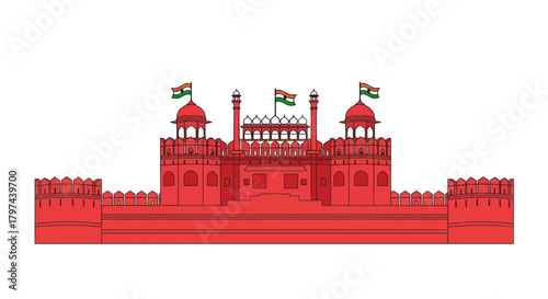 Iconic Red Fort of India with Indian Flags Vector Illustration.