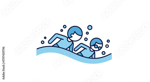 Two figures swimming in blue water with bubbles.