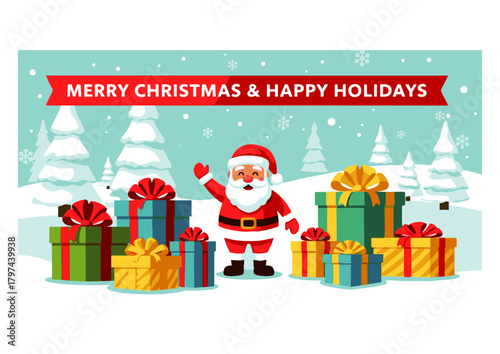Festive Santa Claus with Colorful Gifts and Winter Wonderland Celebration of Christmas and Holidays