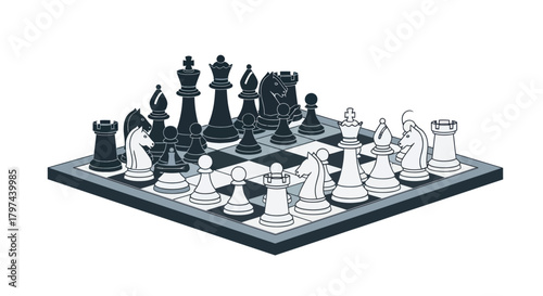 Hand-drawn illustration of a complete chessboard with black and white pieces set up for a strategic game.