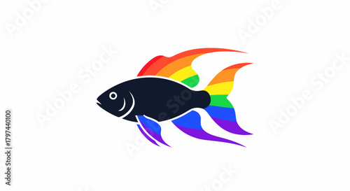 A stylized dark fish with rainbow-colored fins and tail.