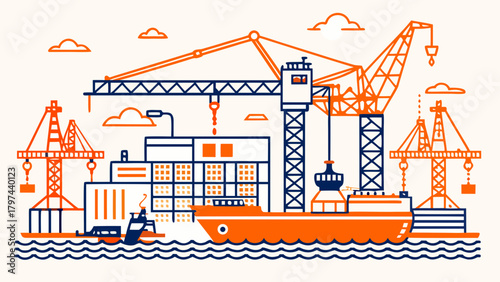 Flat illustration of seaport with cargo cranes, ships and containers.