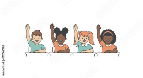 Diverse Group of Students Raising Hands in Classroom.