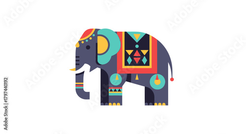 Colorful Decorated Indian Elephant Flat Design Illustration.