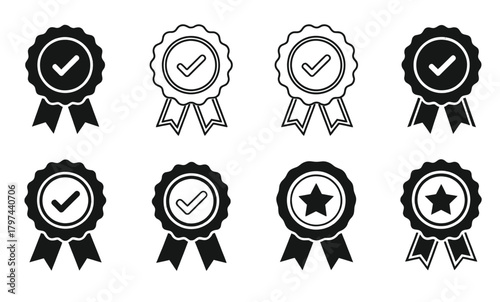 Collection of eight black and white award ribbons with checkmarks and stars for recognition and achievement