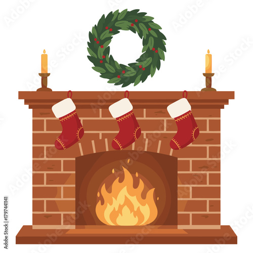  Christmas fireplace illustration in warm rustic colors,flat vector illustration isolated on white,transparent background
