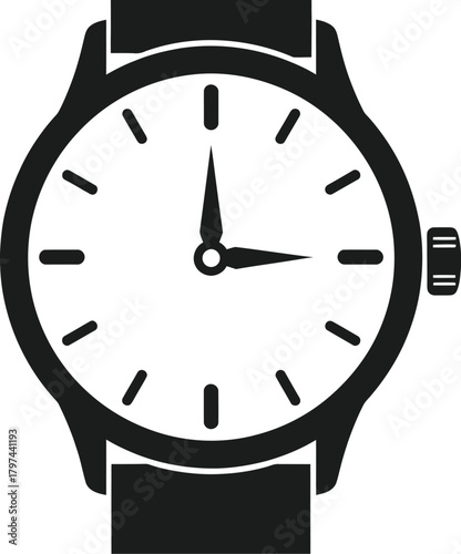 Classic wristwatch icon with black strap and white face showing time