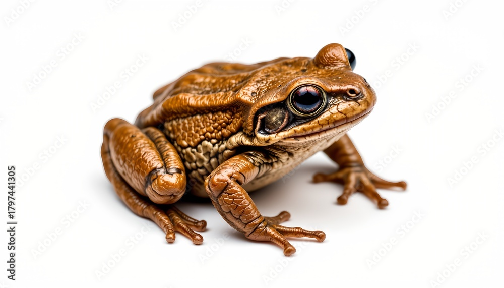 Fototapeta premium A close up photograph of a brown frog with darker spots, prominently displaying its eyes and mouth against a white background.