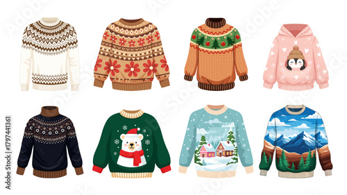 Christmas sweaters collection in flat illustration in mixed colors