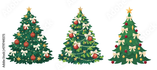 Decorated Christmas trees in flat illustration.Isolated vector illustration on white background
