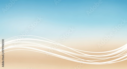 Fototapeta Naklejka Na Ścianę i Meble -  Serene beach landscape with a soft blue sky, warm sand, and a gentle wave of white light streaks creating a tranquil and inviting atmosphere