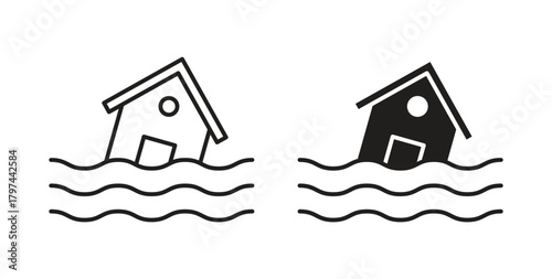 Flooded house icons set. Simple line vector illustration