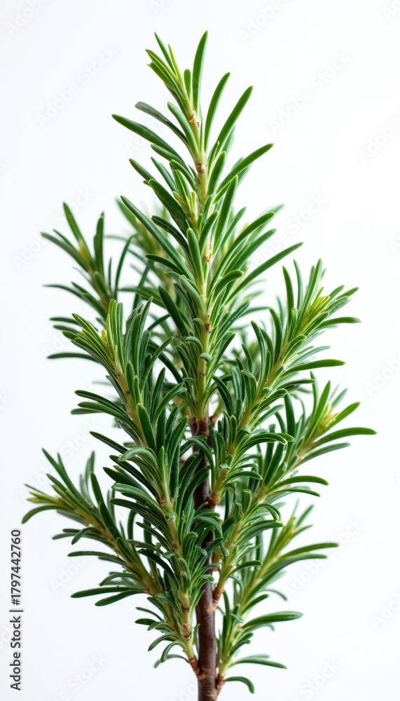 Fototapeta premium Isolated rosemary bush close up on white. Green aromatic herb plant branch detailed. Rosemary is culinary spice. Herbal medicine ingredient concept studio photo in details. Food ingredient.