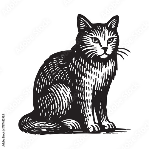 Detailed Black and White Illustration of a Sitting Domestic Cat with Expressive Eyes and Whiskers, Engraved Style